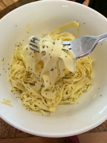 First taste--noodles with butter and poppyseeds--the way Mom made then when I was little .