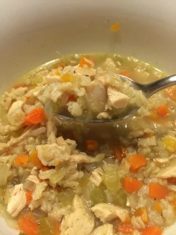 Chicken and brown rice soup--perfect for a sniffly Sandy
