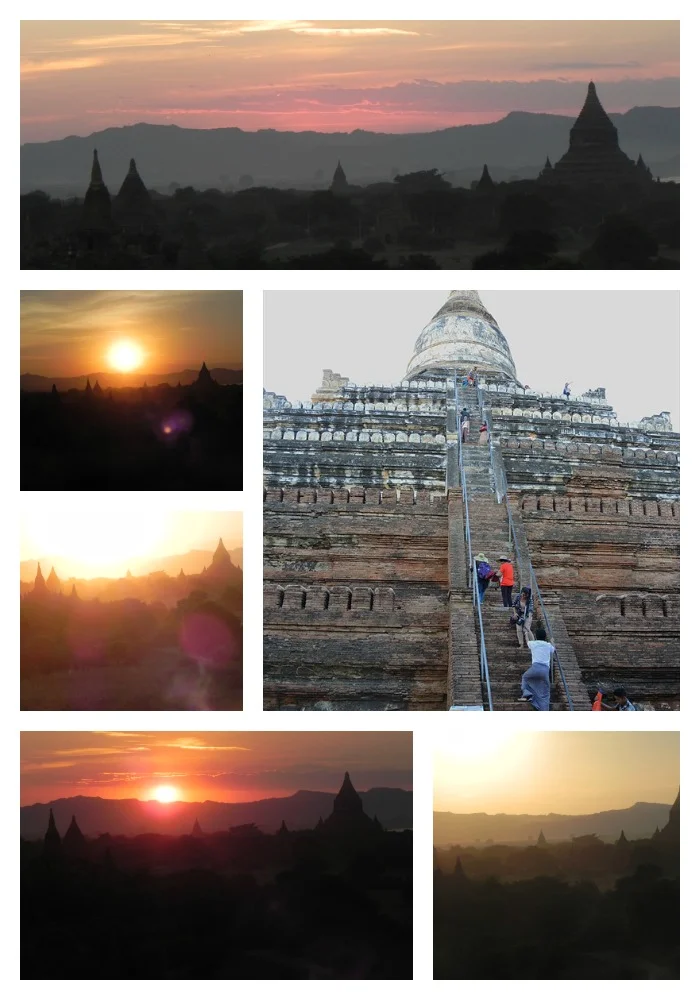 Shwesandaw Pagoda--all of the sunset photos are mine; the photo of the steps up the pagoda was taken by one of my friends.