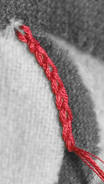 Photoedited with "smart splash" effect to remove color from all but the embroidery thread. 