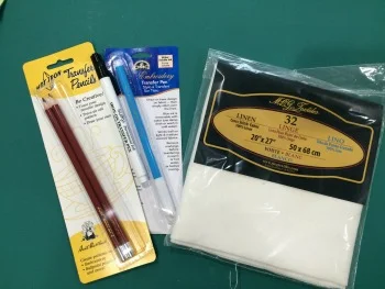Based on this class, I picked up a handful of new supplies--some linen for testing and a few different types of image transfer pens/pencils.