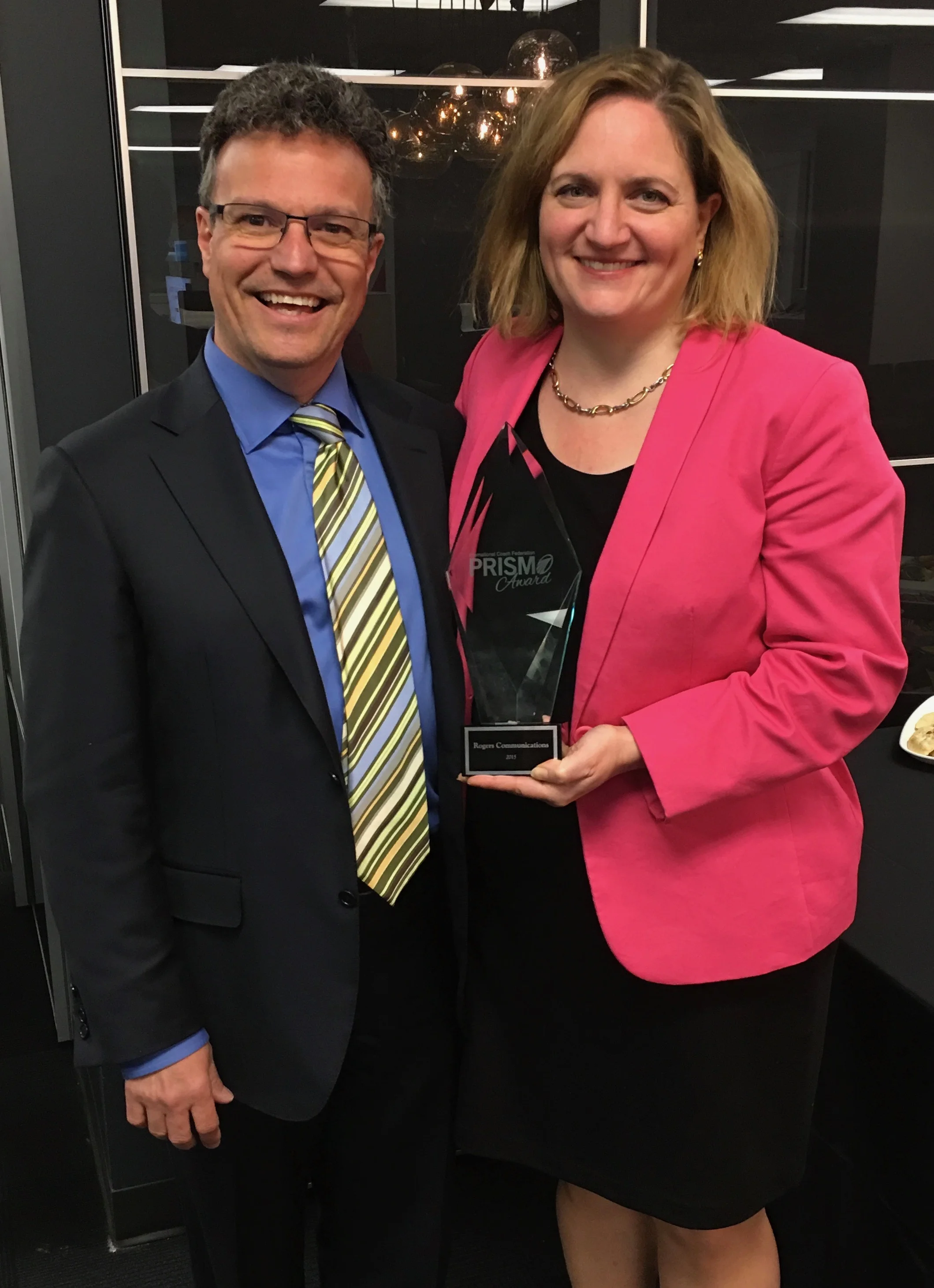 Photo with Prism winner Silvia Lulka, Director at Rogers Communications where Dominic was engaged by Essential Impact to support the delivery of their Global Prism Award winning Excelerator coaching program. 600 directors and over 2500 managers have been trained to be effective coaches and dozens have become credentialed coaches through the International Coach Federation.