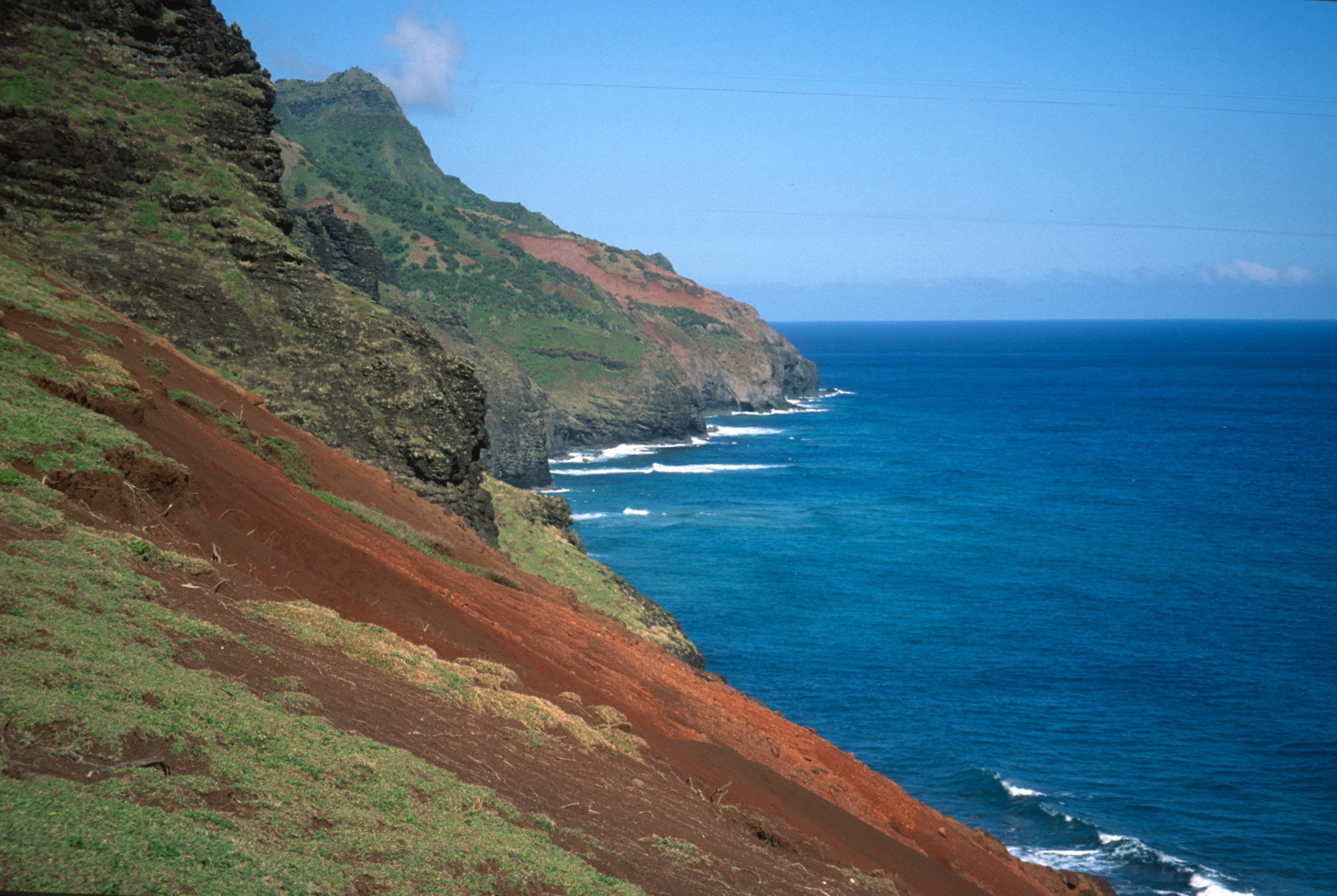 The rocks and soil along the Kalalau Trail reveal the volcanic origin of the Hawaiian Islands.