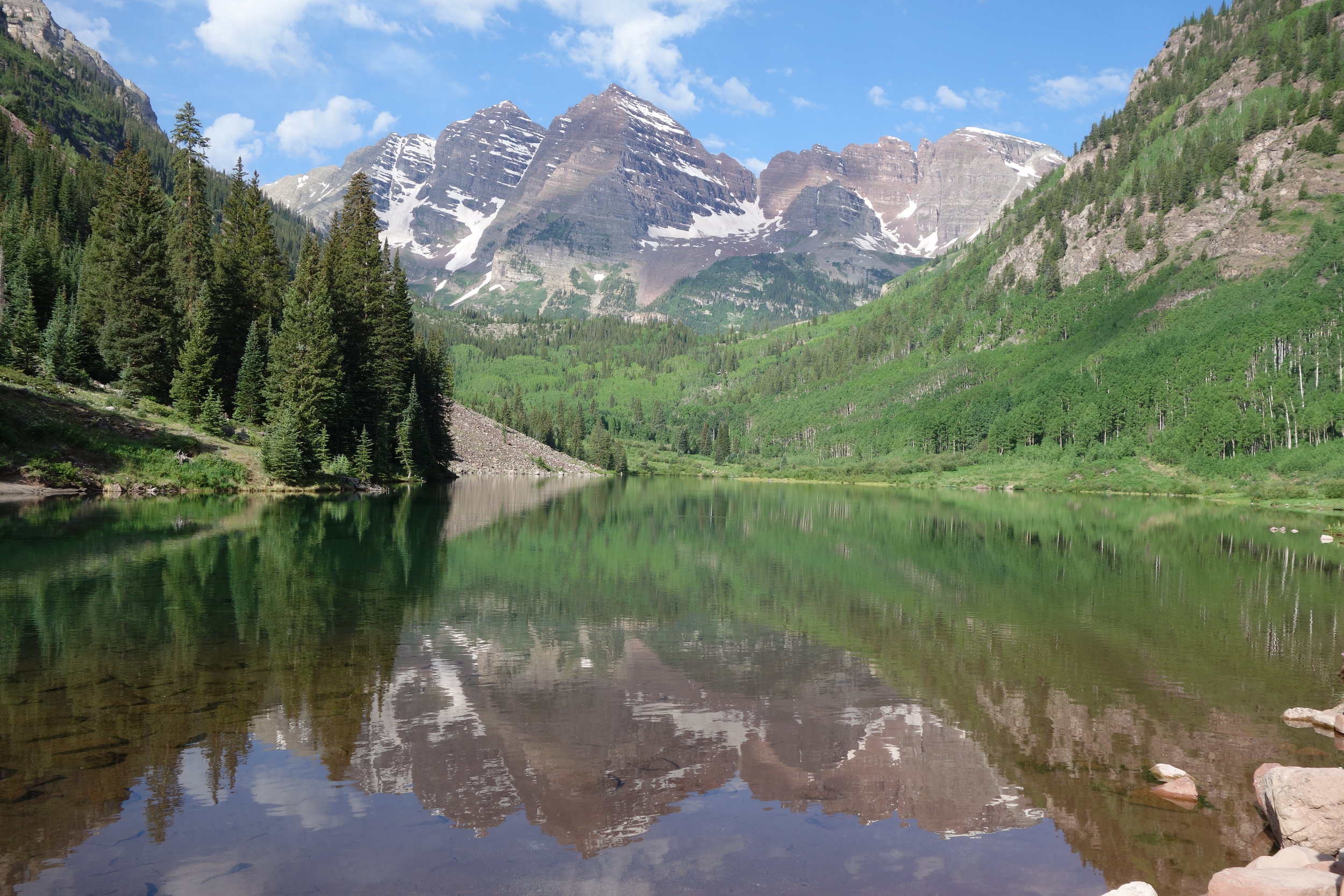 Maroon Lake reflects the images of 14,000-foot-plus Maroon Peak and North Maroon Peak; perhaps this is the most photographed scene in the Rocky Mountains.