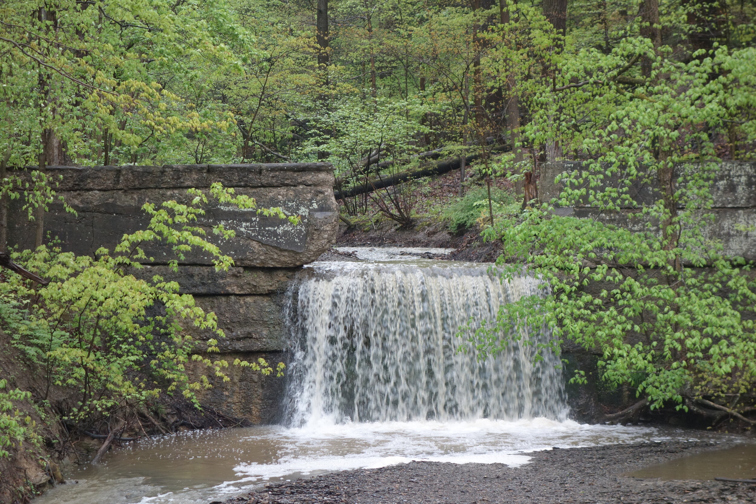 One of the park’s many waterfalls spills into the historic Cuyahoga River.