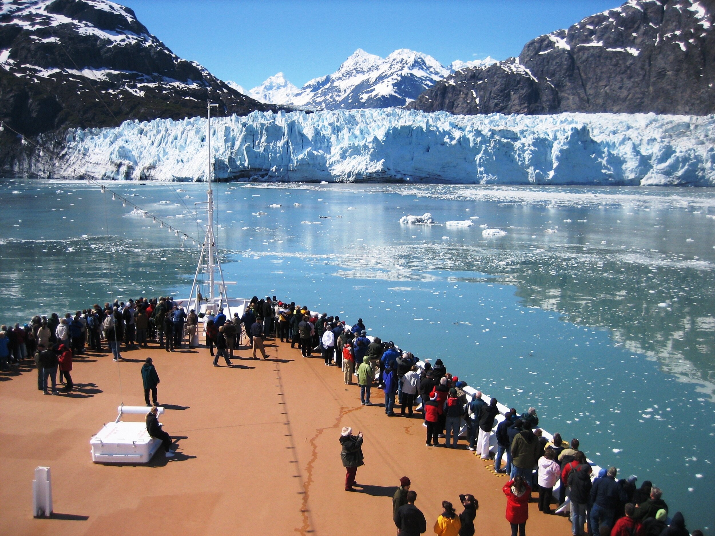 Most visitors to Glacier Bay National Park and Preserve see the area from the deck of a cruise ship; here, the ship approaches Margerie Glacier.