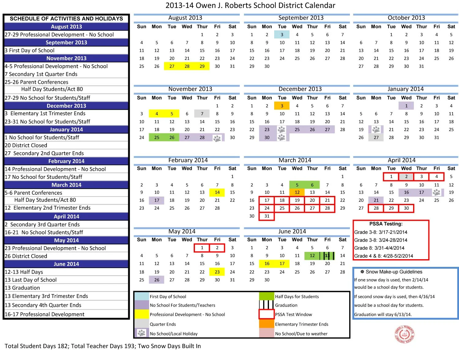 2013-2014 OJRSD Approved School Calendar