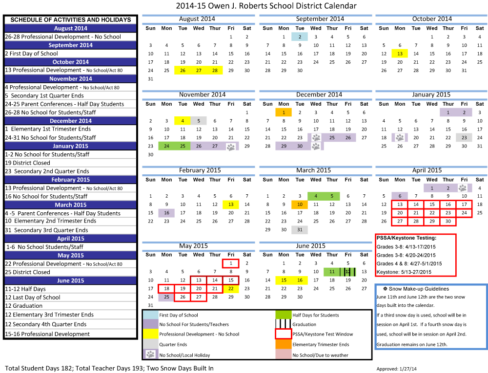 2014-2015 Owen J. Roberts School District Calendar