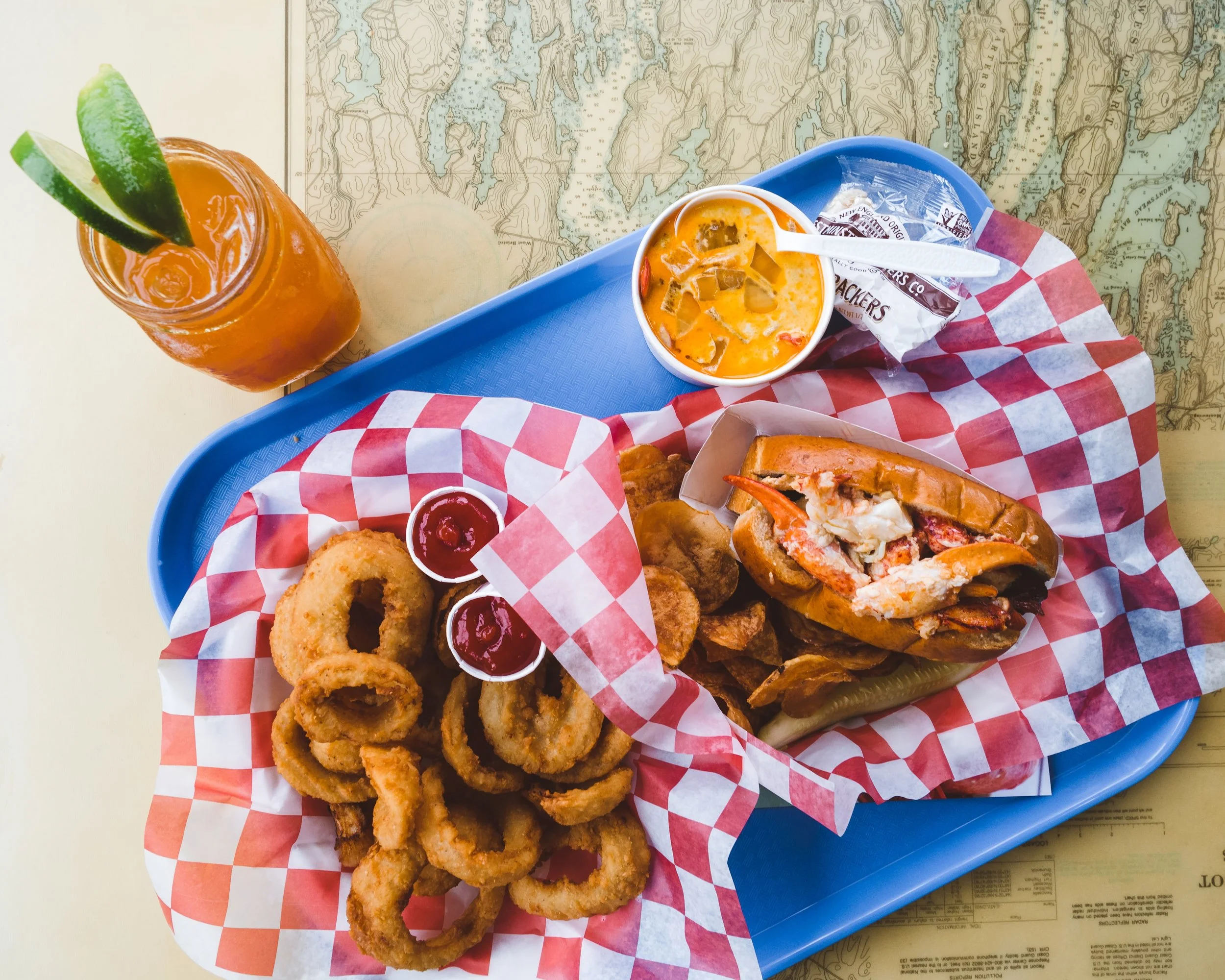 Dark & Stormy, Lobster Stew, Onion Rings, and a Lobster Roll w/Garlic Aioli.