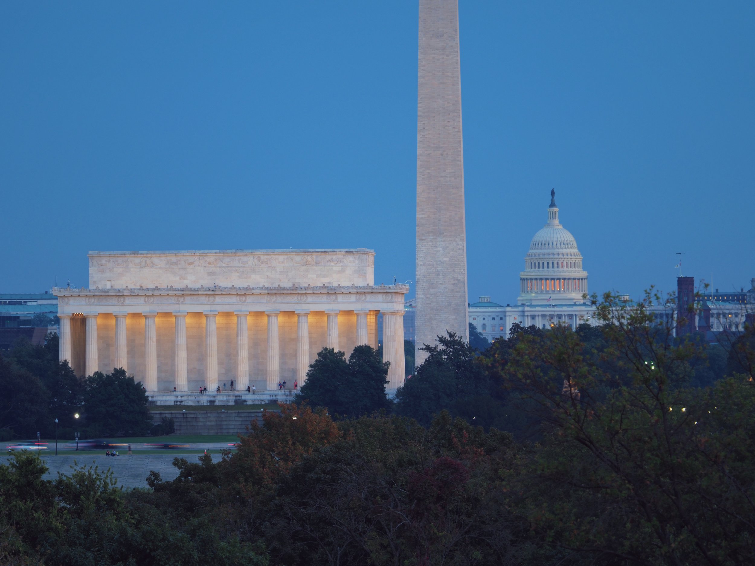 A long-ish exposure of the Lincoln Memorial, base of the Washington Monument, and U.S. Capitol Building.