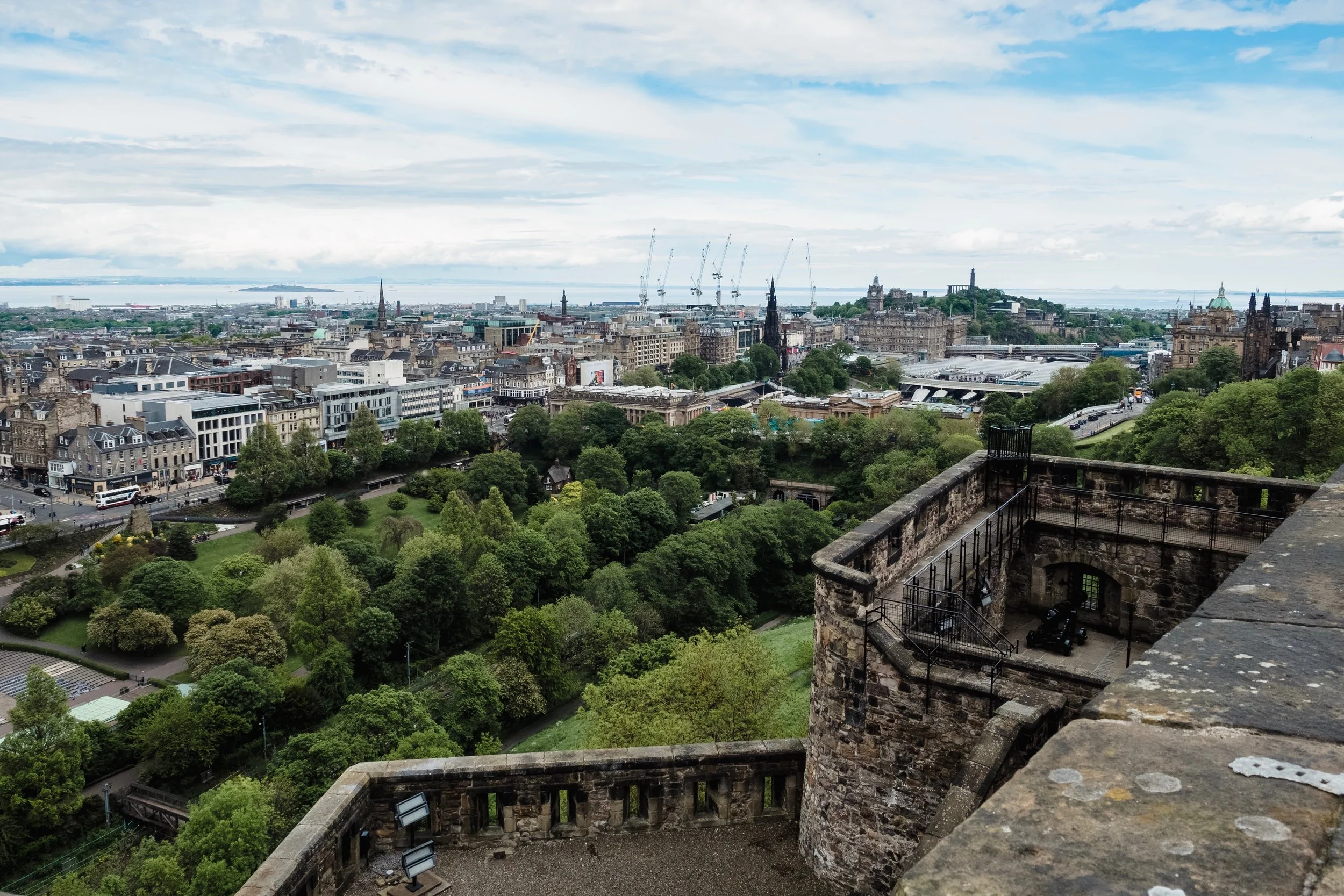 Princes Street Gardens and downtown Edinburgh from the top of Edinburgh Castle.
