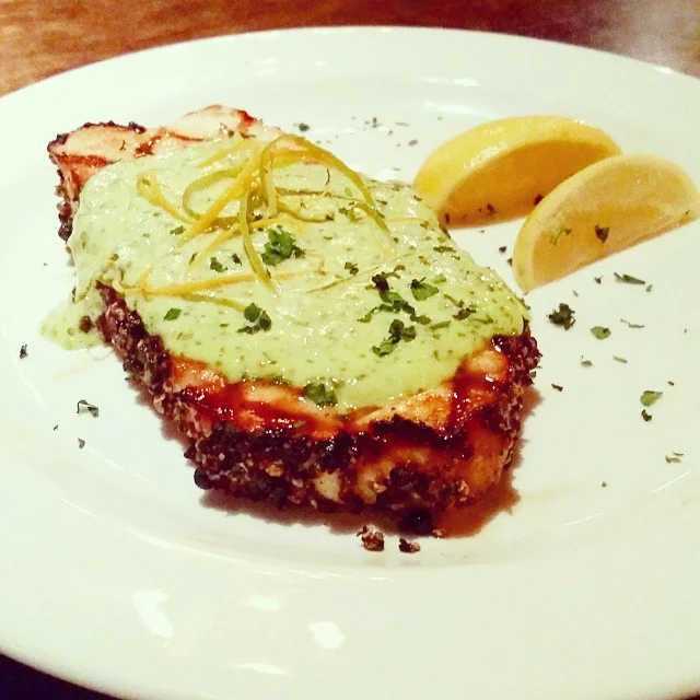 Peppercorn crusted grilled swordfish topped with a creamy chimichurri sauce. #thewildfork #uticasquare #tulsa #oklahoma