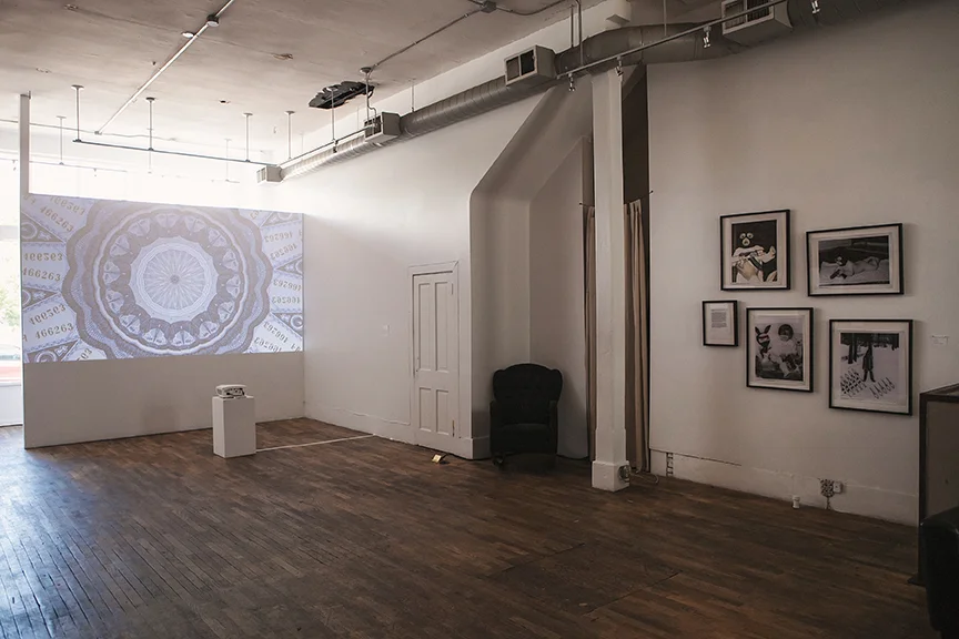 Gallery View left wall: Dominant Policy Single Channel HD Digital Video 2013 Laleh Mehran On Right: Confiscated Portrait of the Artist as a Young Rebel Digital C-Print 2005 / 2010 (Set of 5 pieces confiscated by Homeland Security) Individual print prices upon request (non-confiscated set) Amitis Motevalli