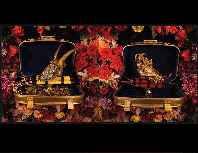 "Trophies and Flowers Performing for Desire and Addiction #2 --Border-nation Travel Valise" Mixed media, photographed 21 1/2" x 41 1/2" unframed, 25" x 45" framed, Available