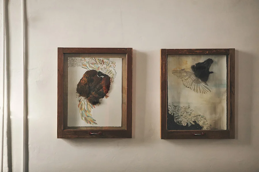 Left: Pheasant Shadow Box Mixed media SOLD Right: Fox Shadow Box Mixed media