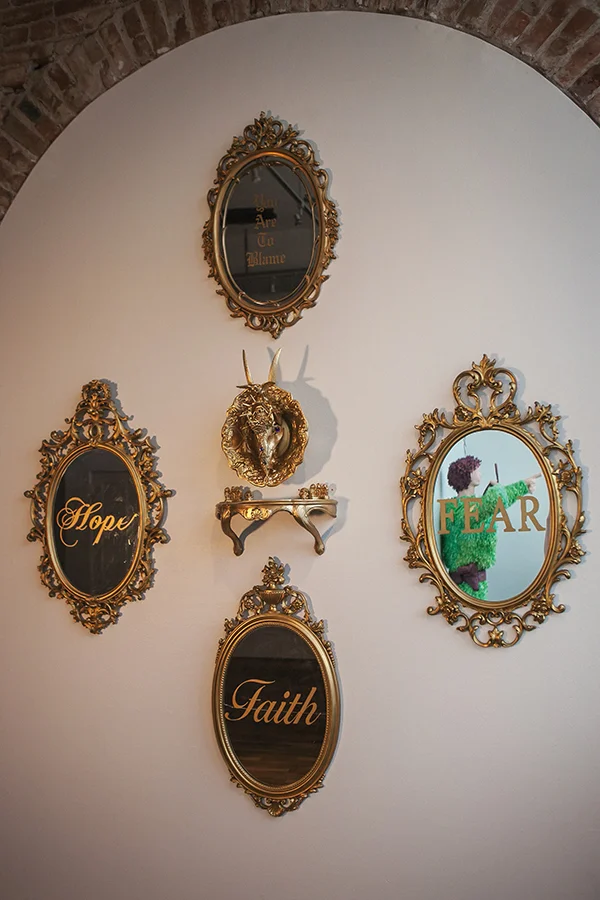 "Liars and Hysterics Don't Know Who They Are Unless They Have an Audience. The Mirror is My Lens and You Are my Symbol. This Work has Now Liberated You" "You Are To Blame" 33" x 21", "Hope" 33" x 21", "Faith" 31" x 16", "Fear " 33" x 21", Skull 25" x 14" Available separately or as installation 
