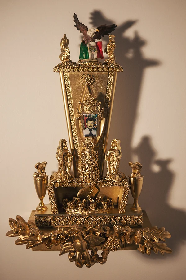 "Trophy #4 -- Death Looks Brilliant All Wrapped in Gold" 25 1/2" x 13" w/o shelf, 32" x 19 1/2" w/shelf, Available
