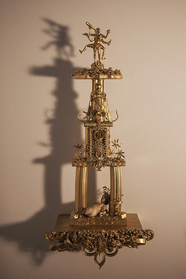 "Trophy #3 -- A Cryptic yet Precise Ritual of Confrontation Between the Designs of Good & Evil" 28 1/2" x 7 1/2" w/o shelf, 33 1/2" x 14 1/2" w/shelf, Available