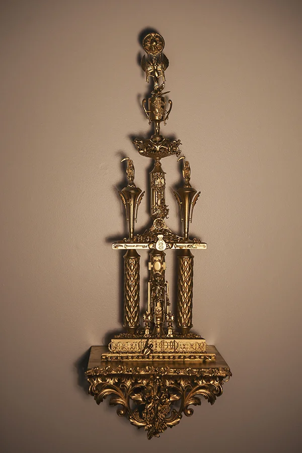 "Trophy #2 -- Immigration, Death, Cartel, Wealth, and Santa Muerte" 36 1/2" x 10 1/2" w/o shelf, 43" x 15 1/2" w/shelf, Available