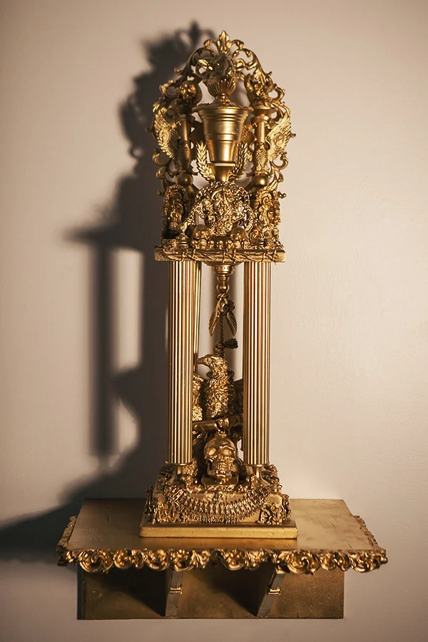 "Trophy #1 -- Trophy of the History of Greed, Terror, and our Participation" 29" x 10" w/o shelf, 39" x 24" w/shelf, Available