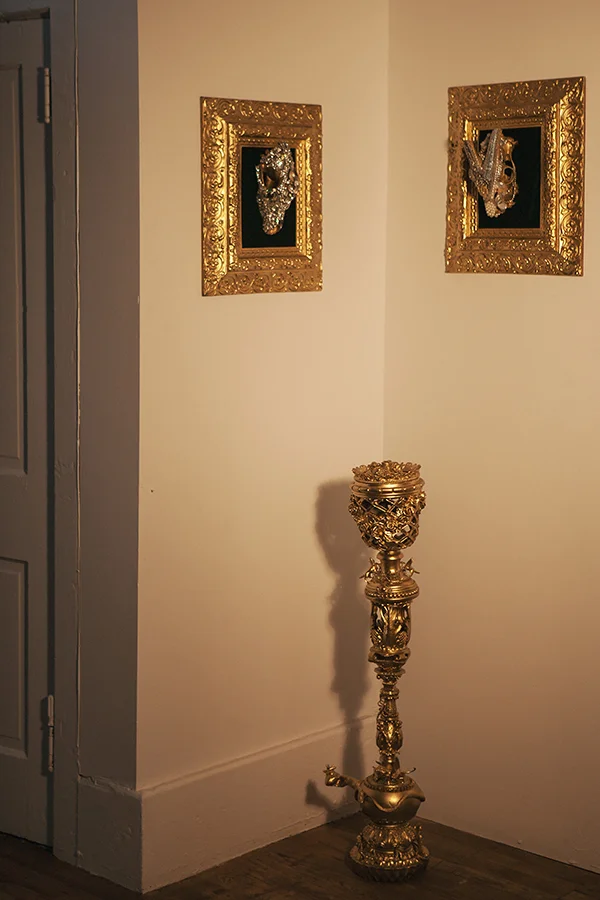 "Beguiled and Bejeweled #1" (left) 18" x 16", skull 9" x 5", Available "Staff of the Tornado of Terror" (center) 37" x 7", Available "Beguiled and Bejeweled #2" (right) 18" x 16", skull 9" x 5", Available