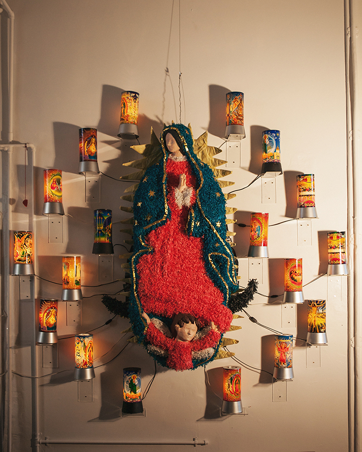"Guadalupe and the Night Lights" Guadalupe 65" x 43", Available Night Lights 12" x 5", Available together or separately Installation 95" x 60", Available