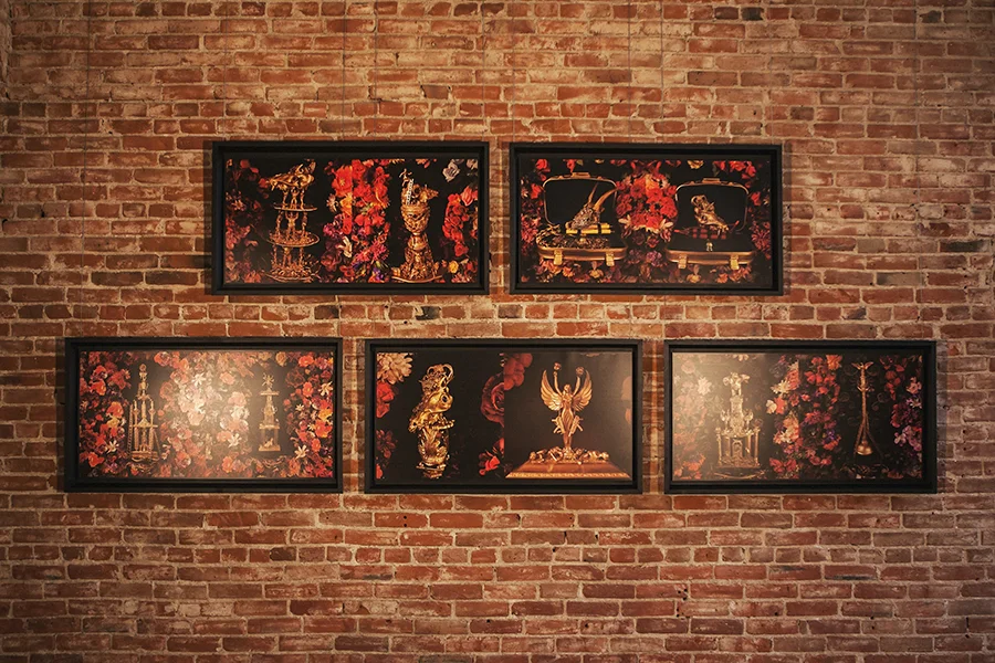 "Trophies and Flowers Performing for Desire and Addiction #1-5" 21 1/2" x 41 1/2" unframed, 25" x 45" framed, Available