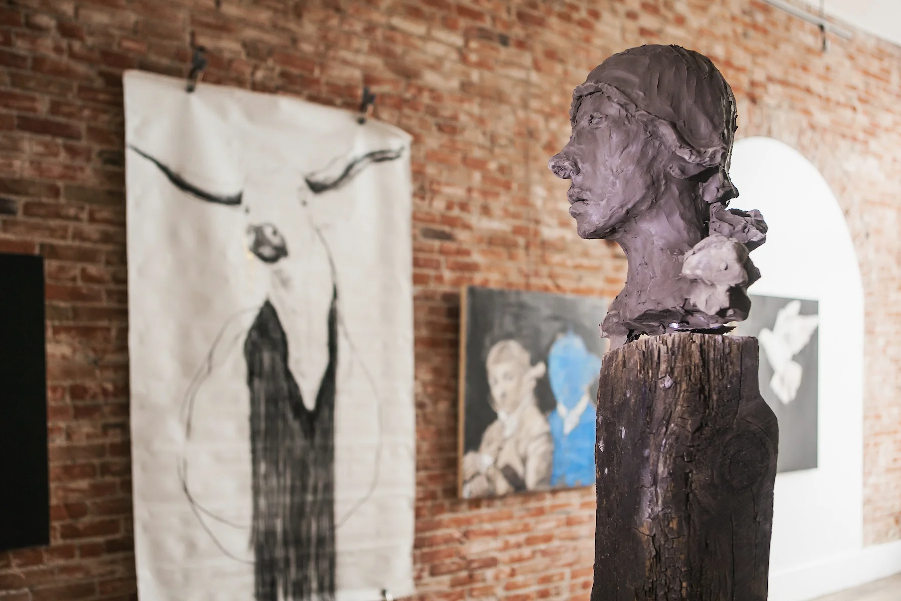 Self portrait as the Minotaur (background) Panel to judge me #1 (foreground)
