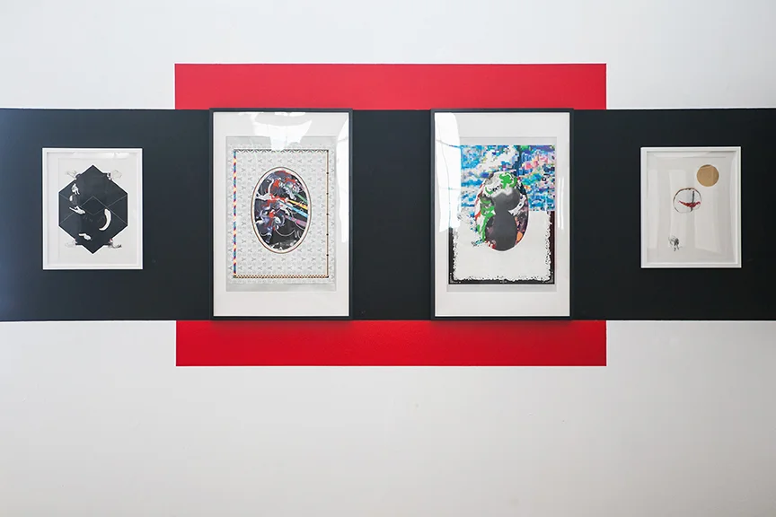 From left to right: Corners Turn Into Circles, Curves Without Edges | 12.1" x 18.5" | Chalk transfer, collage, gel and micro pen on two layers of paper $800 Follow Your Bliss | 18" x 24" | Print Transfer, colored pencil, collage, gel and micro pen on paper SOLD Tears Of The Sky | 18" x 24" | Monotype print collage, graphite, colored pencil, mechanical pencil, collage, sticker, gel and micro pen on paper $1500 Trust Fall | 12.1" x 18.5" | Deconstructed and woven letters, burned edges, tempera, mechanical pencil, gel and micro pen on two layers of paper $650