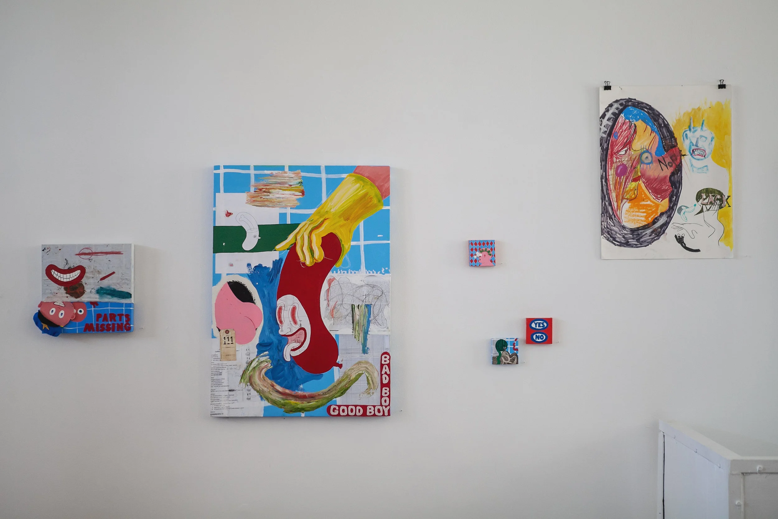 Installation View From Left to Right: Parts Missing 12” x 13” 2017 $400 Good Boy / Bad Boy 24” x 34” 2018 $1,200 Sleep 3.5” x 3.5” 2018 $150 Decision 3.5” x 3.5” 2018 $80 Huh? 3.5” x 3.5” 2018 $150 Lack 18” x 24” 2016 $500