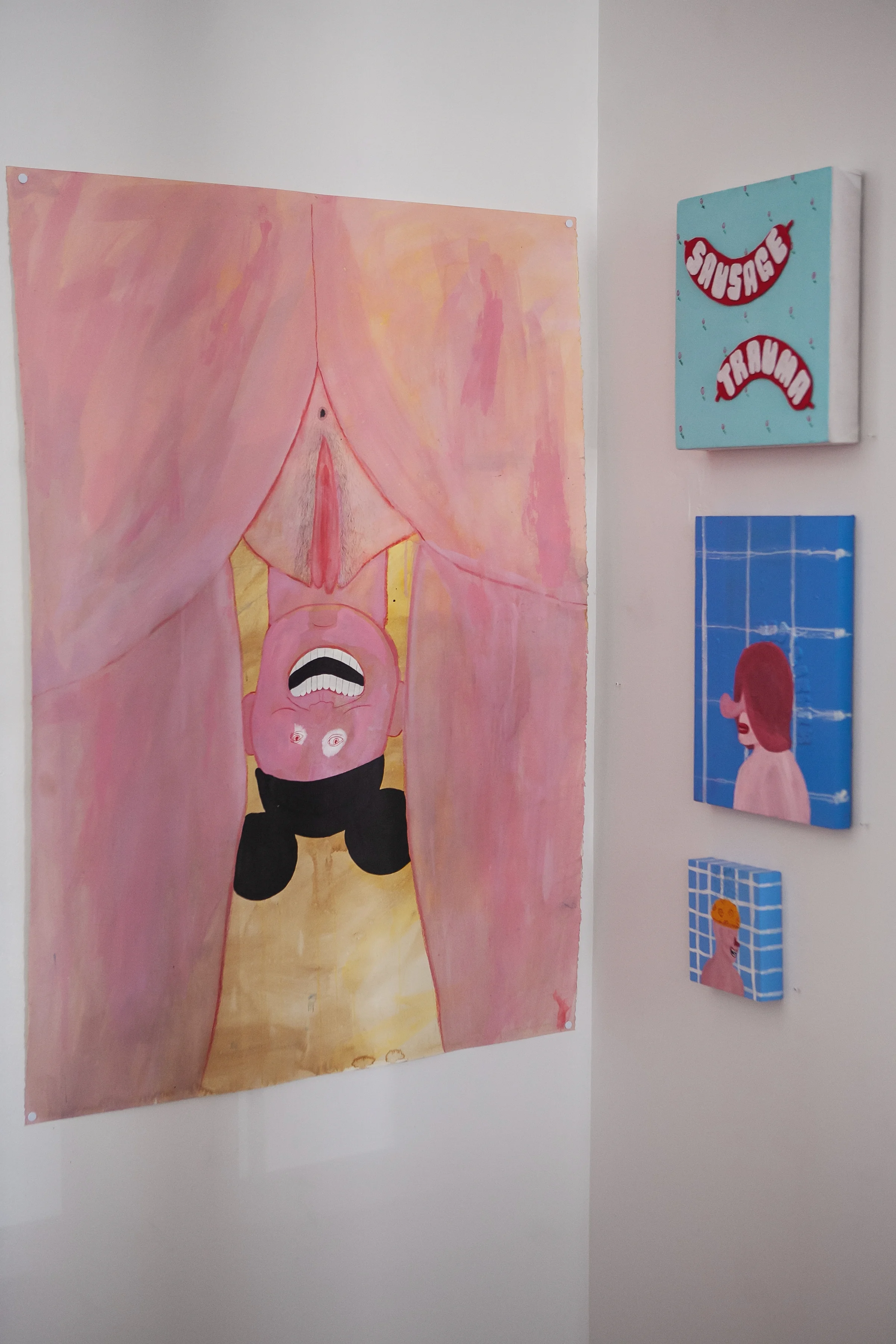 From Left to Right: The Happiest Place on Earth 30” x 43.5” 2016 $750 Sausage Trauma 12” x 12” 2017 $400 Untitled (Bootlicker) 11” x 14” $400 Shower 6” x 6” 2017 $250