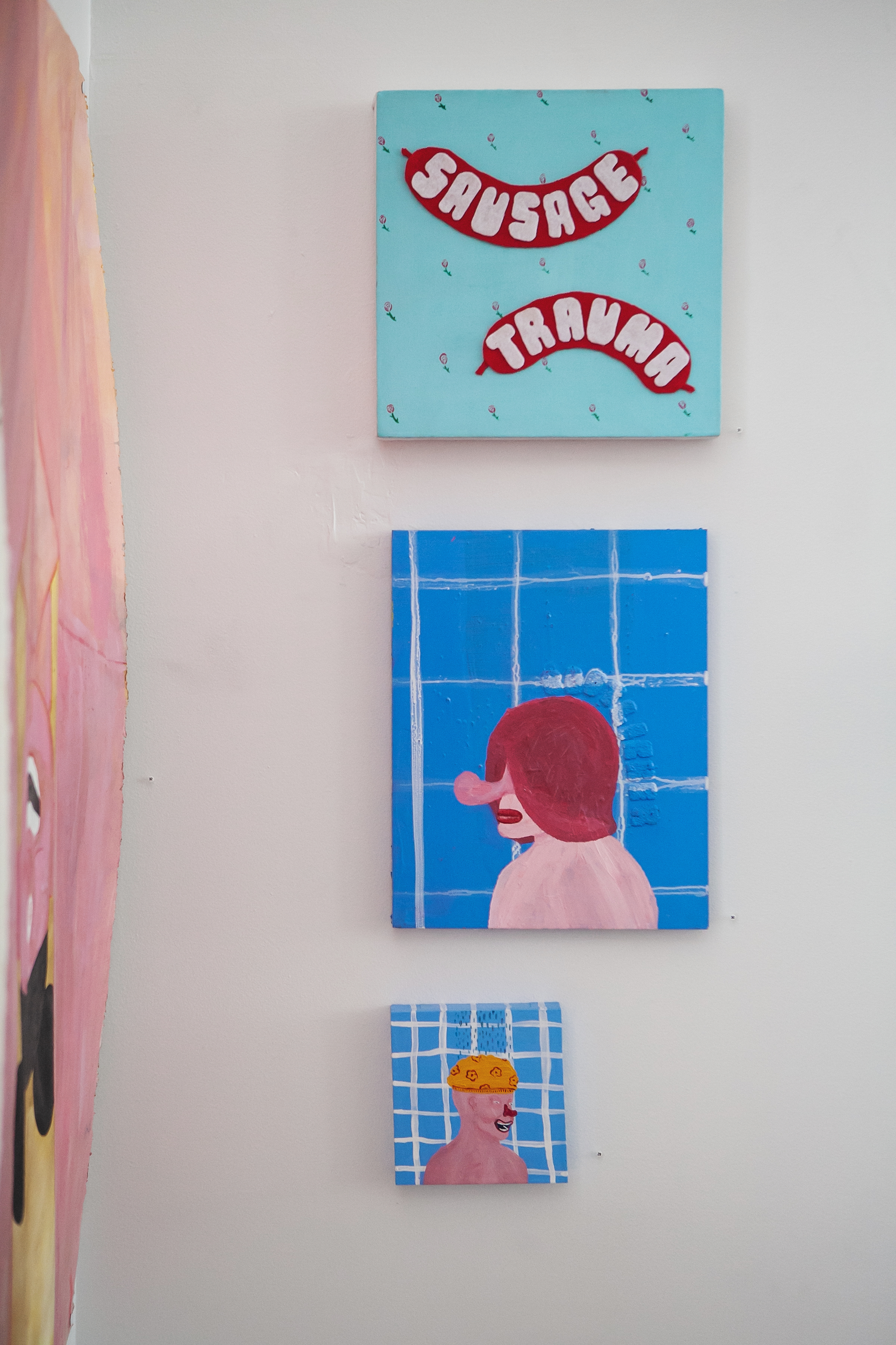 From Left to Right: Sausage Trauma 12” x 12” 2017 $400 Untitled (Bootlicker) 11” x 14” $400 Shower 6” x 6” 2017 $250