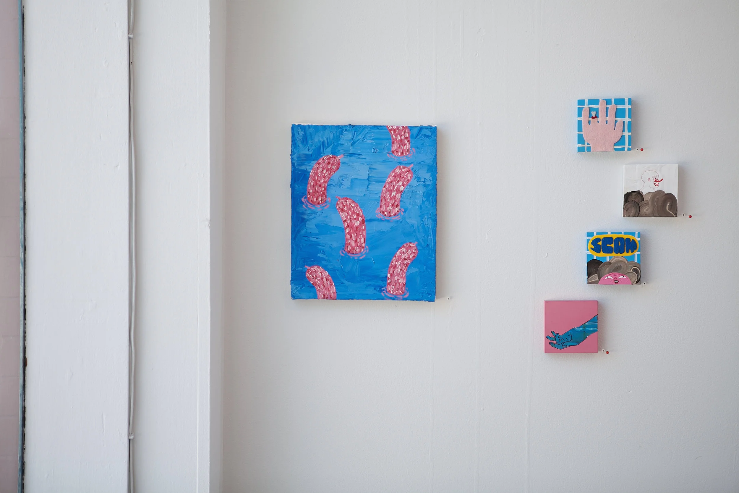 Left to Right: Untitled 10” x 12” (Hot Dogs) 2017 $300 Commitment Issues 3.5” x 3.5” 2017 Sold Untitled 3.5” x 3.5” 2018 Sold Scam 3.5” x 3.5” 2018 $80 Untitled 3.5” x 3.5” 2018 Sold
