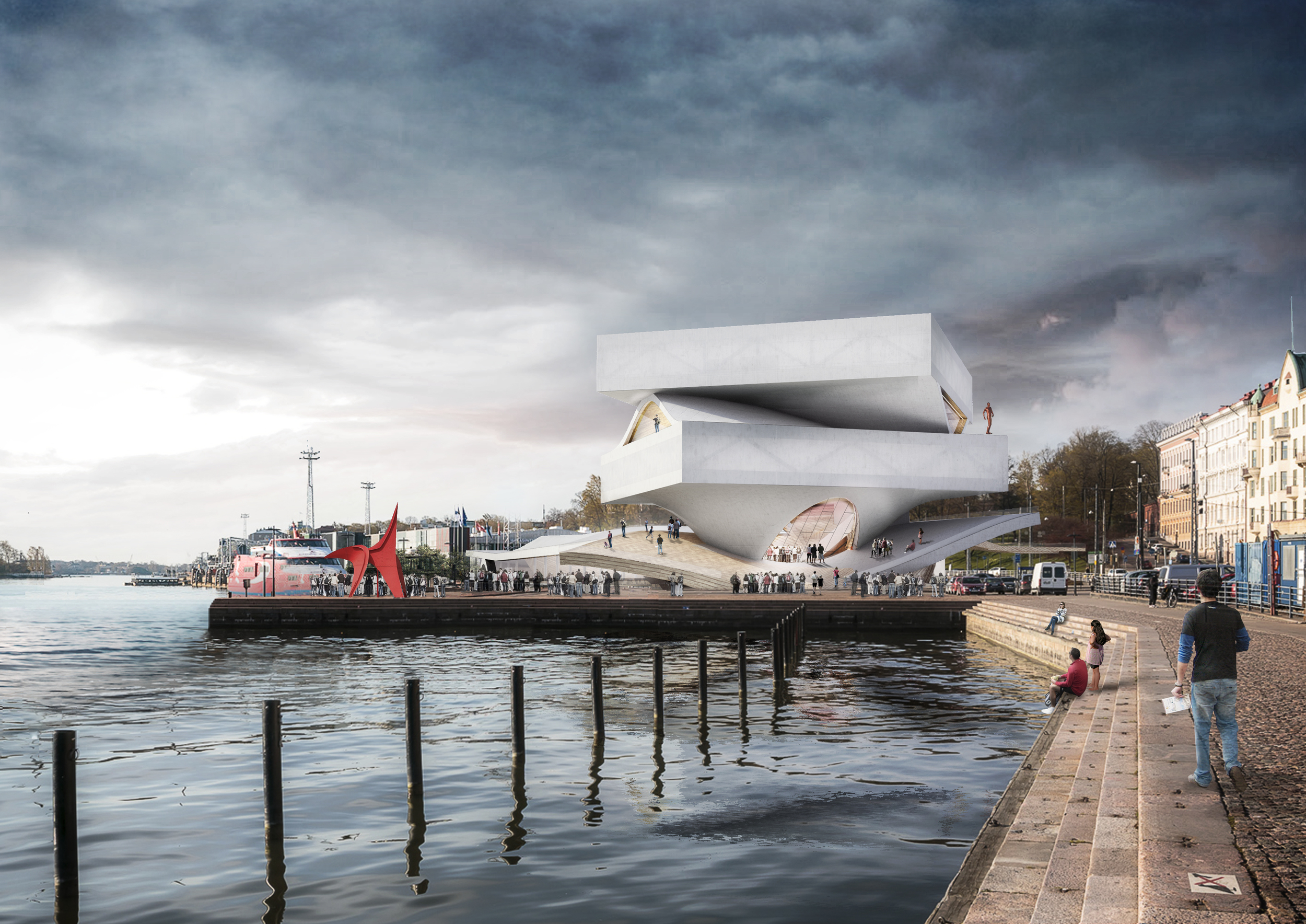 The museum acts as an urban connector in a place where two urban grids merge into each other. The direction of the North-South axis from the City Hall to the Museum is the most important in terms of connectivity. Second important axis is the harbor grid along the waterfront. The intersection of the grids of the city and the harbor is characterized by the Museum. The program is divided clearly into vertical volume of the museum and the plinth. The museum tower consists of a 4 levels of generous exhibition spaces that ensure both: extreme flexibility and curatorial freedom, and specificity of the space. The arrangement of programs in the plinth is a free plan: the facilities are freely distributed in the ground plan, creating diverse in-between spaces among them. The sustainability strategy focuses on three main issues: lowering the carbon emissions through construction, application of smart systems and sensible use of materials.