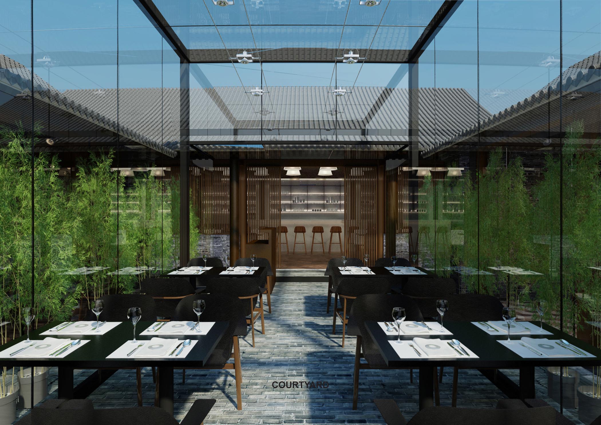 The design draws on the rugged history of the siheyuan, along with wider context of Beijing to create a calming atmosphere that is full of oblique references and layers of interest. Zones within the space were created to allow for a change in ambience, from early evening cocktails in the garden seamlessly adapting to a busy dining hall hosting creative savouries.