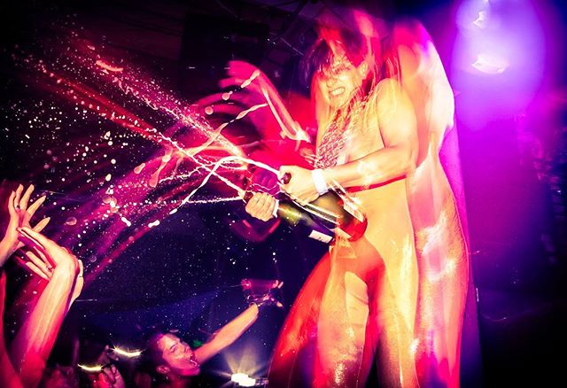 Champagne shower, courtesy of #peaches, at #mezzaninesf. I grabbed this shot... just before ducking to the floor and protecting my camera like a newborn baby! 
#concertphotography 
#flashphotography 
#champagne 
#electronicrock
