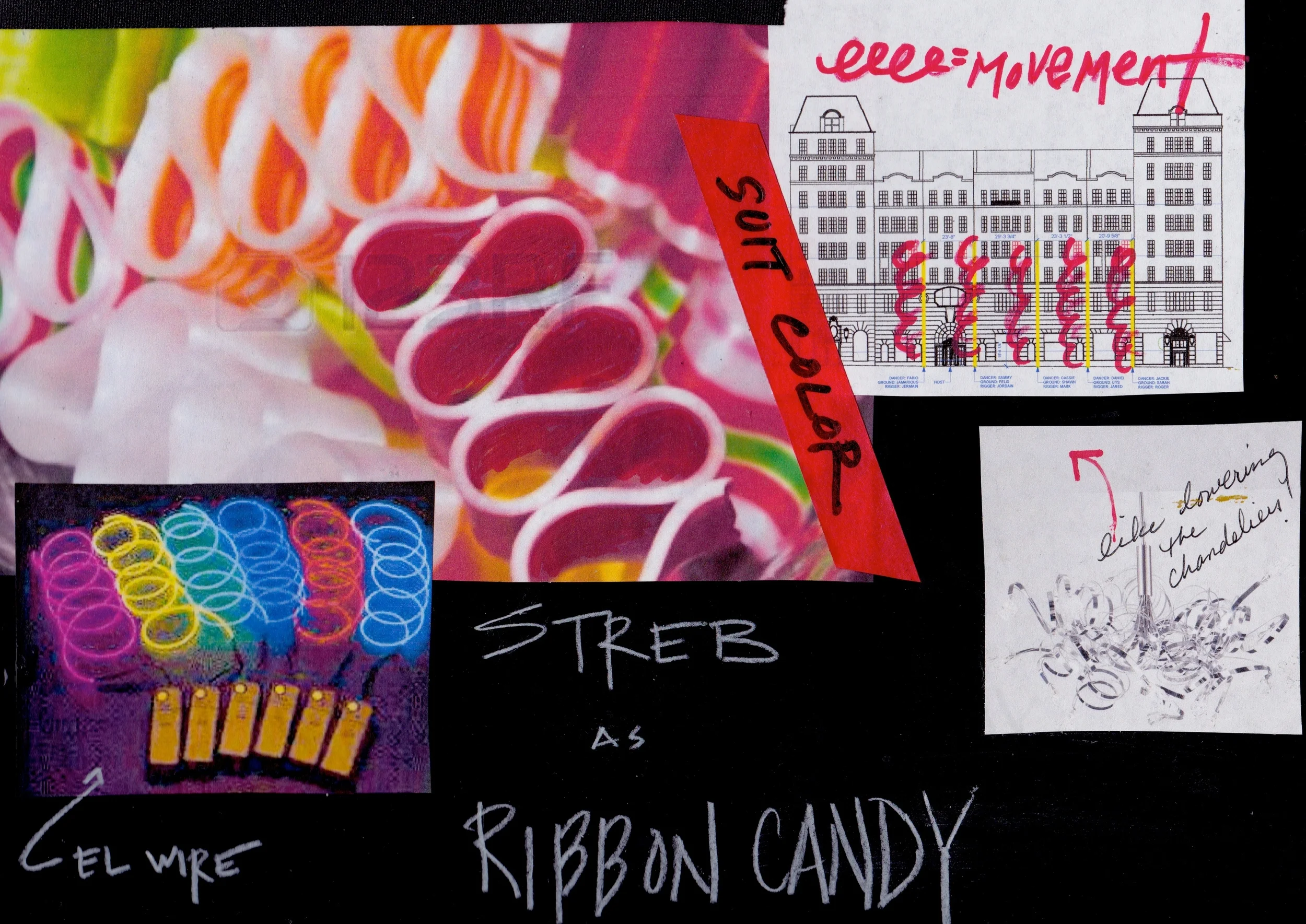 Initial concept mood board: Streb as electric ribbon candy.