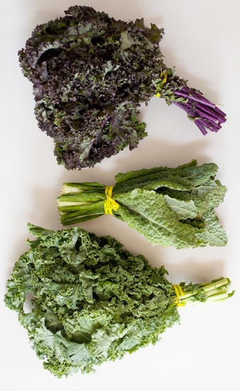 These are the most common types of kale found at the grocery store. From top to bottom: Purple Kale, Dino Kale and Green Kale.