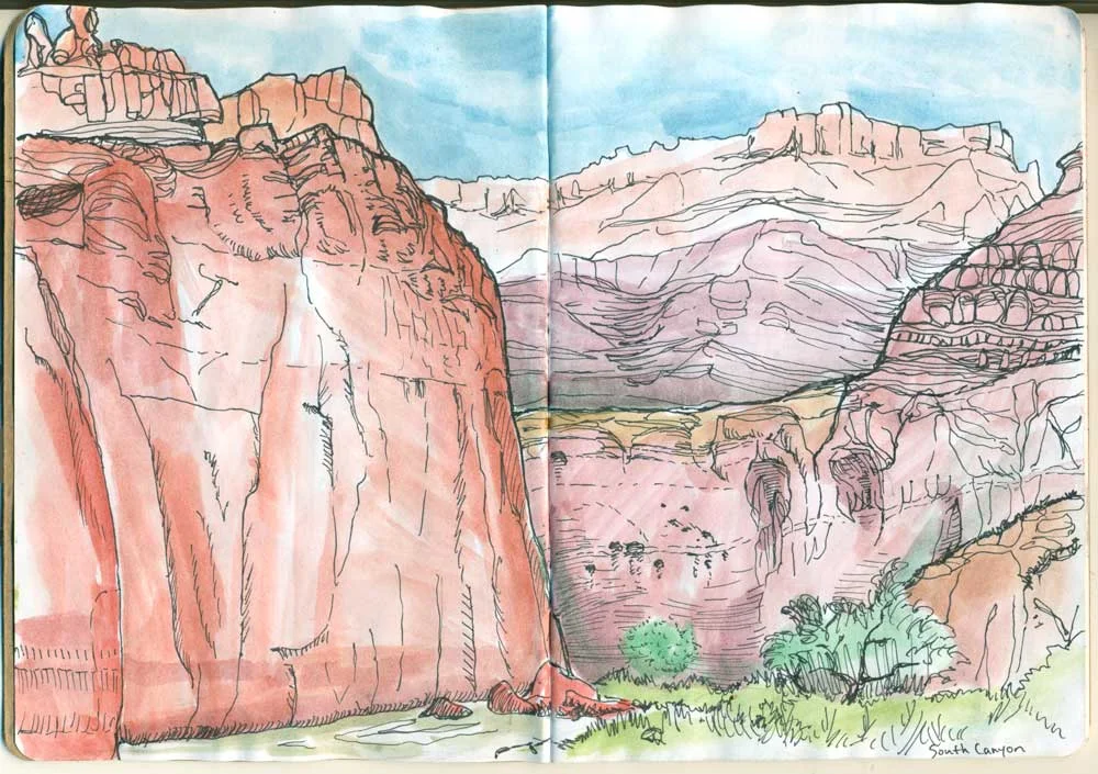 Above: A sketch of South Canyon camp. Watercolor and pen