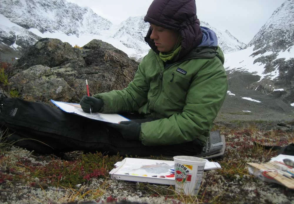 Kristin painting in the mountains by Martin Creek in the Granite Range thanks to the Rasmuson Foundation Individual Artist Awards in 2012. This photo was in mid-September and the first snows were starting to creep down the mountains.