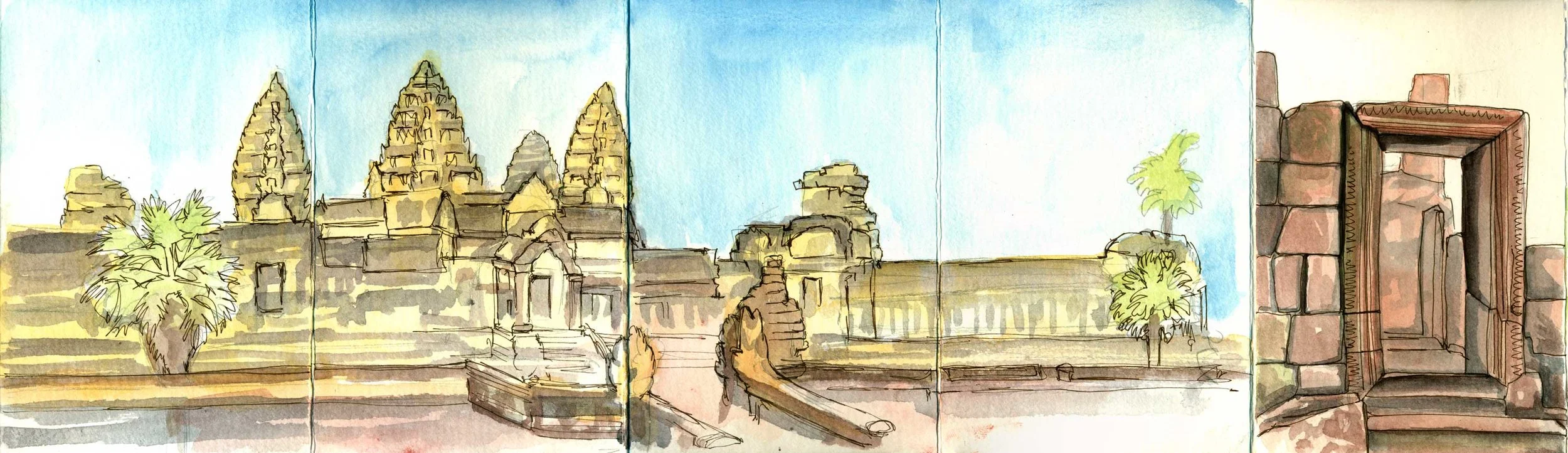 Angkor Wat and an up-close sketch from Baphoun in the accordion sketchbook