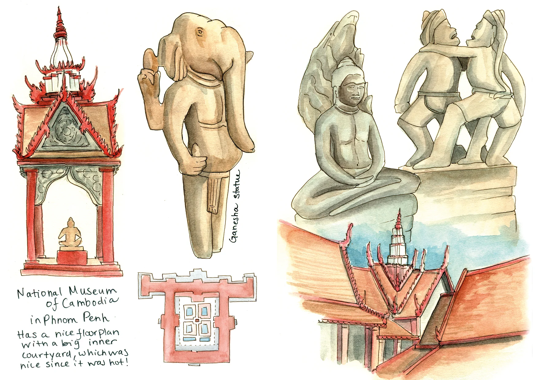 Sketchbook spread from the National Museum of Cambodia