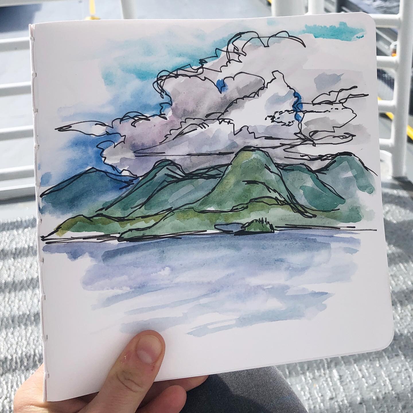 The ferry ride between Metlakatla and Ketchikan is 40minutes and the boat keeps moving. Made this quick sketch sitting outside looking back towards Annette Island. In 10 minutes the view was almost all gone. The weather is mostly clear today but the 