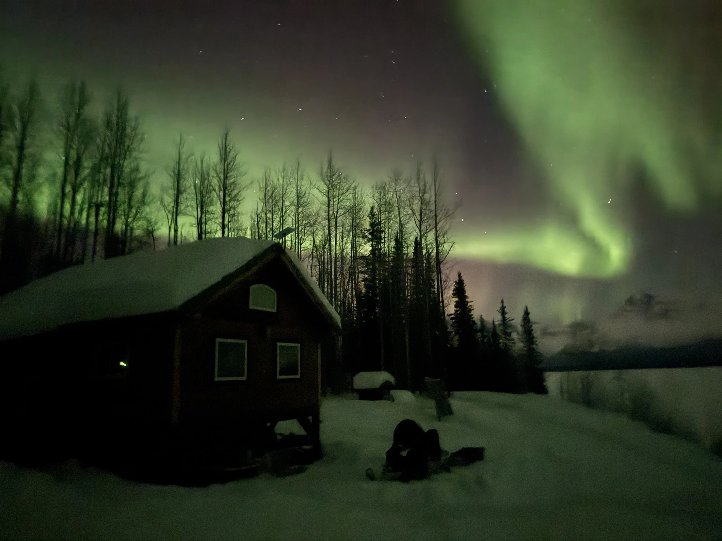  The aurora dances above our cabin in February 