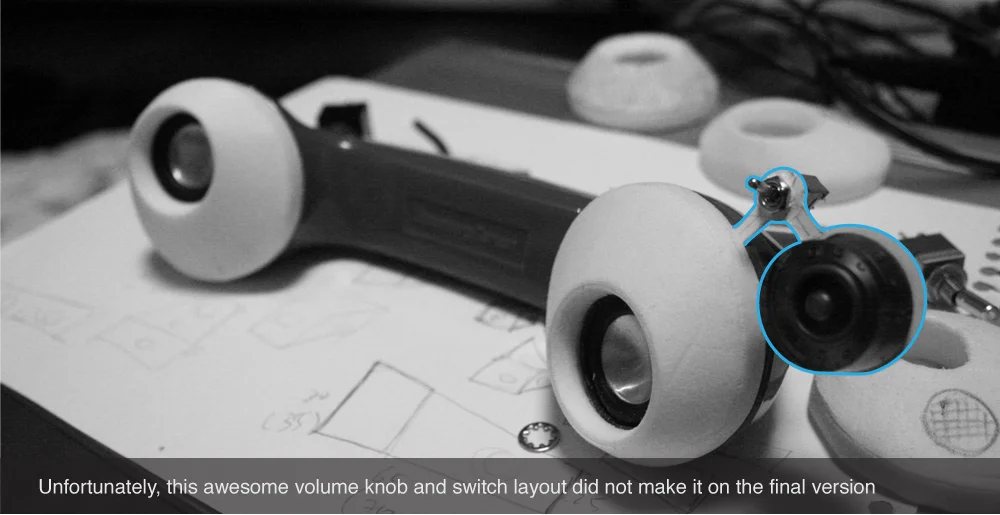 Unfortunately, this flamboyant volume knob and switch layout did not make it to the final version.