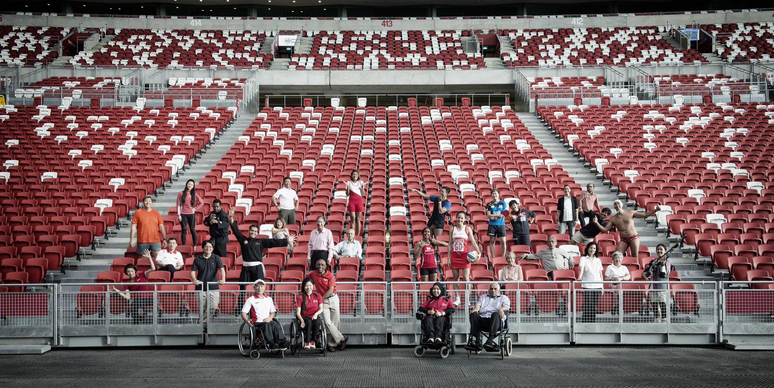 Singapore Athletes: Top from Left: James Wong, athletics; Savannah Siew, sailing; Sheik Alaud'din, silat; Zainal Abidin, squash; Saiyidah Aisyah, rowing; Lee Wung Yew, shooting; Feng Tianwei, table tennis; Jing Jun Hong, table tennis; Joscelin Yeo, swimming; Syed Abdul Kadir, boxing; Melanie Martens, hockey; Eugene Teo, waterpolo. Middle from Left: Laurentia Tan, para equestrian; Neo Beng Siang, basketball; Quah Kimg Song, football; Muhammad Shakir Juanda, silat; Grace Young, bowling; Tan Eng Bock, waterpolo; SS Dhillon, official; Veronica Shanti Pereira, athletics; Micky Lin, netball; Tan Yoon Yin, official; Majid Ariff, football; Annabel Pennefather, hockey; Tang Pui Wah, athletics; Jasmine Ser, shooting. Bottom from Left: Robert Tan, para sports; Yip Pin Xiu, para swimming; C Kunalan, athletics; Nurulasyiqah Mohammad Taha, bocci a; Arumugam Vijiaratnam, hockey.