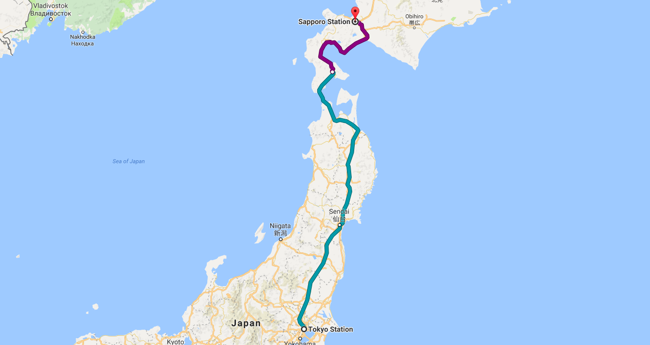 Our transit journey from Tokyo to Sapporo: Tokyo to Shin-Hakodate on the Tohoku Shinkansen - 4.5 hours, 860km travelled. Then Shin-Hakodate to Sapporo on the Hokuto intercity train - 3.5 hours, 300km travelled. 