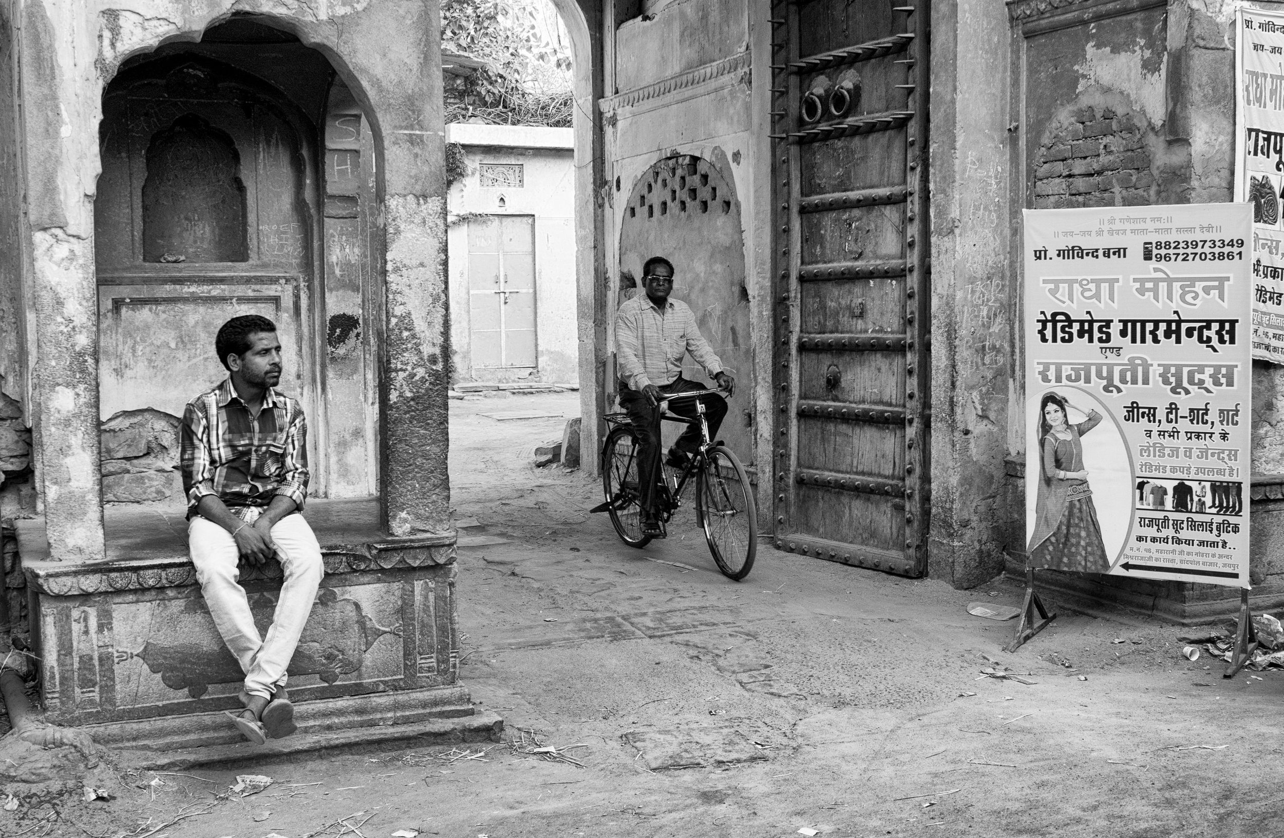 Man Sitting with Other Man on Bicycle on Streets of Jaipur in Black and White - Jaipur, India - Copyright 2016 Ralph Velasco.jpg