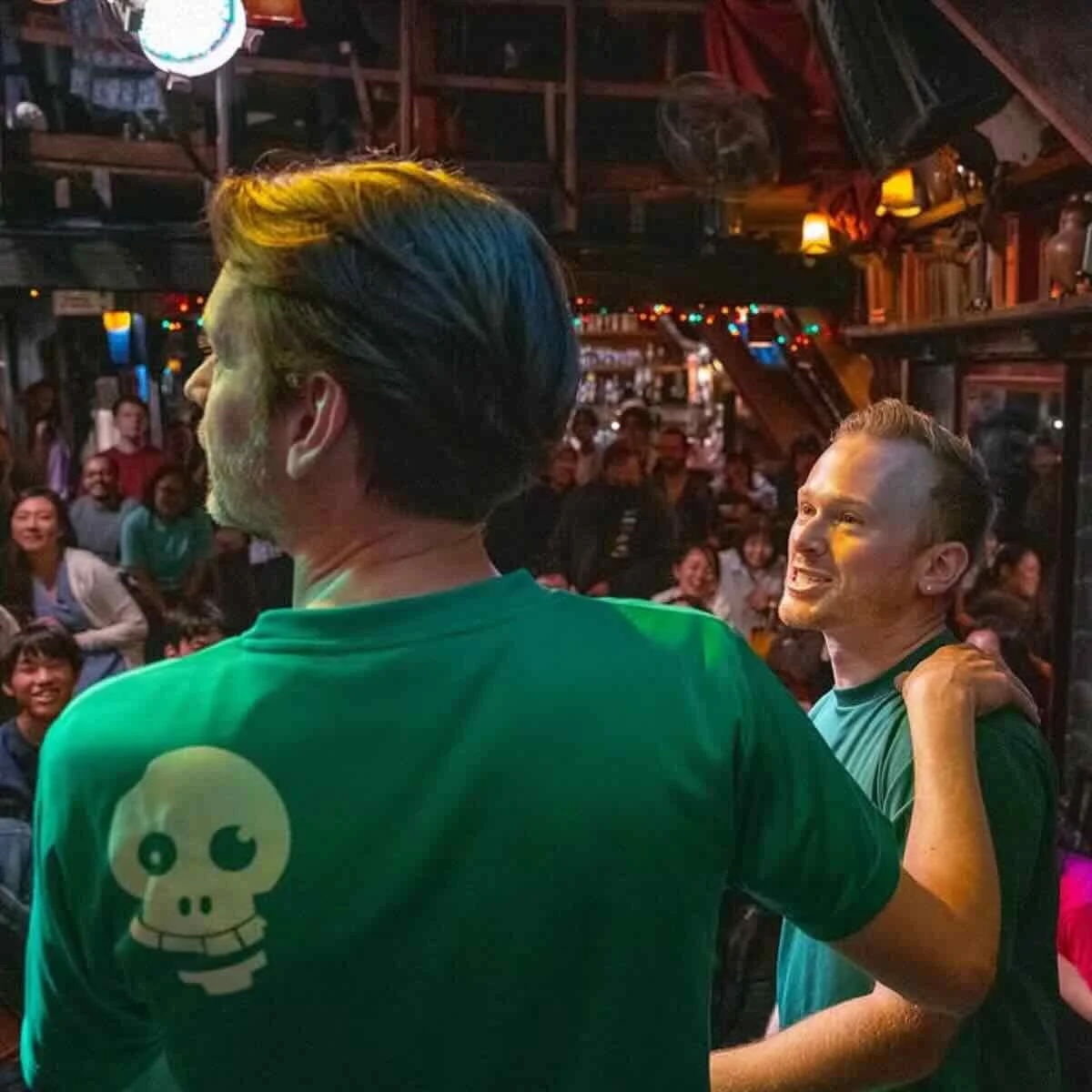 Improv comedy stage view from performers' perspective at What the Dickens Ebisu Tokyo 恵比寿 即興コメディ ステージ パイレーツ・オブ・東京湾 Pirates of Tokyo Bay