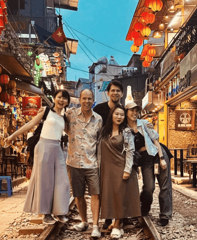 Diverse international cast of Pirates of Tokyo Bay bonding backstage before their show in Hanoi. Usually monthly shows in Tokyo.